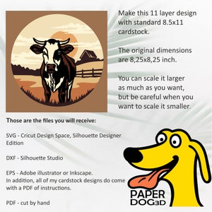 May include: An 11-layer papercraft design of a cow in a field with a barn in the background. The design is 8.25 inches by 8.25 inches and can be scaled up or down. The design comes with instructions and is available in SVG, DXF, EPS, and PDF formats.