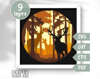Puede incluir: Un modelo de papercraft de 9 capas que representa dos ciervos de pie en un bosque. Los ciervos están en silueta contra un fondo de puesta de sol. El modelo está hecho de papel y está diseñado para ser ensamblado a mano.