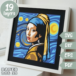 Garota com brinco de pérola 3D em camadas SVG para papel cartão Starry Night Van Gogh Multilayer Papercut, modelo de caixa de sombra, Cricut, silhueta