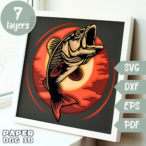 Peixe robalo 3D em camadas SVG para cartolina, corte de papel multicamadas, modelo de caixa de sombra, Cricut, silhueta dxf, arquivo de corte de pesca, arte de parede em pdf faça você mesmo
