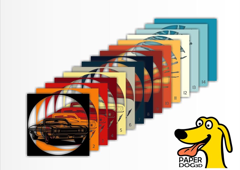 Puede incluir: Un conjunto de 14 l&aacute;minas de papel para maquetas superpuestas que representan un coche de m&uacute;sculo vintage. Las l&aacute;minas est&aacute;n numeradas del 1 al 14 y est&aacute;n dispuestas en forma de abanico. El coche est&aacute; representado en un esquema de colores negro y naranja con un interior blanco. El modelo est&aacute; dise&ntilde;ado para ser ensamblado cortando y doblando el papel.