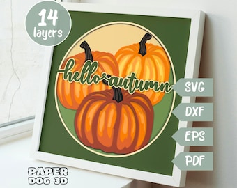 Hello Autumn Shadow Box Template, 3D Layered SVG For Cardstock, Multilayer Papercut, Cricut, silhouette dxf, pumpkin cut file, Fall wall art