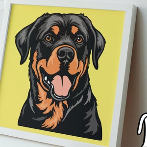 Puede incluir: Una ilustraci&oacute;n de primer plano de un perro Rottweiler sobre un fondo amarillo. El perro tiene el pelo negro con marcas marrones y mira directamente al espectador con la boca abierta y la lengua fuera.