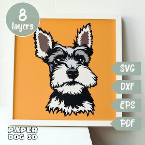 Schnauzer miniatura 3D Layered SVG para cartolina, corte de papel multicamadas, arquivos Shadow Box Cricut, silhueta dxf, arquivo de corte de cachorro, memorial de animal de estimação