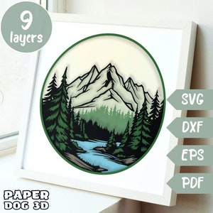 Berge Landschaft Schatten Box Vorlage 3D Layered SVG für Karton, Multilayer Papercut, Cricut, Silhouette Dxf, Natur Schnittdatei diy Cabin