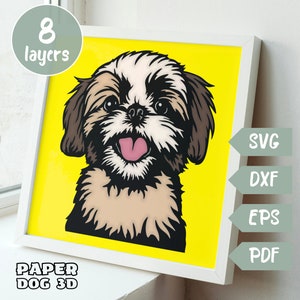 Shih Tzu Hund 3D Layered SVG für Cardstock, Multilayer Papercut, Shadow Box-Dateien für Cricut, Silhouette Dxf, Hund geschnitten Datei, Haustier-Denkmal
