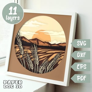 Paysage de ferme 3D SVG en couches pour papier cartonné, découpe de papier multicouche ferme, modèle de boîte d'ombre, Cricut, silhouette, pdf, art mural ranch bricolage