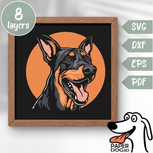 Dobermann 3D Layered SVG für Cardstock, Multilayer Papercut, Shadow Box-Dateien für Cricut, Silhouette Dxf, Hund Cut-Datei, Pdf, Vektor-Vorlage
