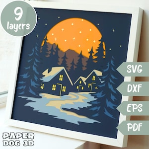 Winter Night Shadow Box Template Mountains Landscape 3D Layered SVG For Cardstock, Multilayer Papercut, Cricut, nature cut file diy Cabin
