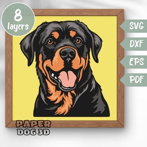 Rottweiler SVG 3D en couches pour papier cartonné, papier découpé multicouche, fichiers Shadow Box pour Cricut, silhouette dxf, fichier de coupe chien, pdf, mémorial pour animaux de compagnie