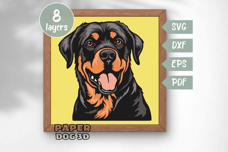 Puede incluir: Un dise&ntilde;o digital de papercraft de un perro Rottweiler con 8 capas. El perro est&aacute; mirando directamente al espectador con la boca abierta y la lengua fuera. El dise&ntilde;o est&aacute; en un marco de madera marr&oacute;n con el texto "PAPER DOG 3D" en la parte inferior. La imagen tambi&eacute;n incluye el texto "SVG, DXF, EPS, PDF" en el lado derecho del marco.