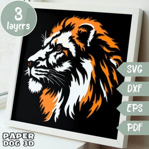León 3D en capas SVG para cartulina, corte de papel multicapa, plantilla de caja de sombra de animal, Cricut, archivo de corte dxf de silueta, pdf, arte de pared de madera de bricolaje