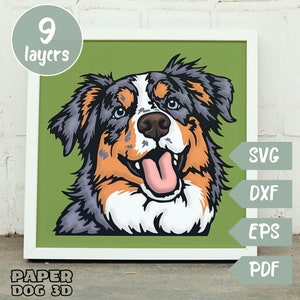 Australian Shepherd SVG 3D Layered For Cardstock, Multilayer Papercut, Shadow Box file for Cricut, silhouette dxf, dog Cut file pet memorial