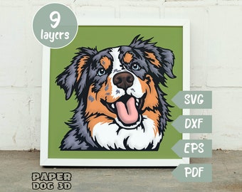 Pastor australiano SVG 3D en capas para cartulina, corte de papel multicapa, archivo de caja de sombra para Cricut, silueta dxf, archivo de corte de perro, memorial de mascota