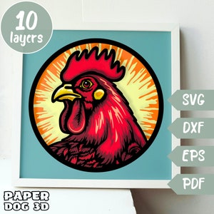 Poulet 3D Shadow Box, SVG en couches pour papier cartonné, modèle Papercut multicouche coq, ferme Cricut, silhouette, art mural ferme