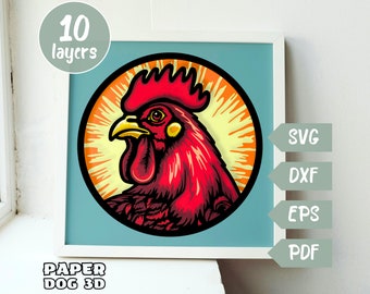 Kip 3D-schaduwdoos, gelaagde SVG voor karton, haan meerlagige papercut sjabloon, boerderij Cricut, silhouet, boerderij muur kunst decor