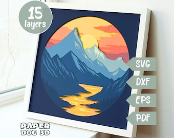 Plantilla de caja de sombras de montañas, SVG 3D en capas para cartulina, corte multicapa, Cricut, silueta dxf, archivo de corte, PDF, arte mural DIY