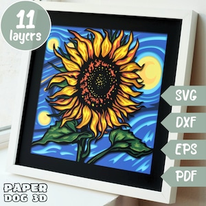 Girasoli di Van Gogh 3D SVG a strati per cartoncino Notte stellata Van Gogh Multistrato Papercut, Modello Shadow Box, File di taglio Cricut, Regalo fai da te