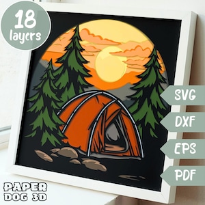 Modelo de caixa de sombra para montanhas de acampamento, SVG em camadas 3D para cartolina, multicamadas, Cricut, silhueta dxf, caixa de luz de corte de papel de aventura