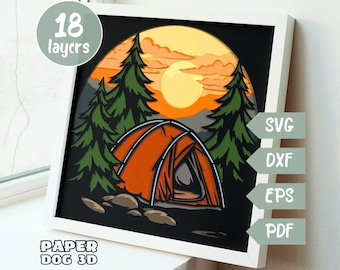 Сamping mountains Shadow Box Template, 3D Layered SVG For Cardstock, Multilayer, Cricut, silhouette dxf, Adventure Paper Cut Light Box
