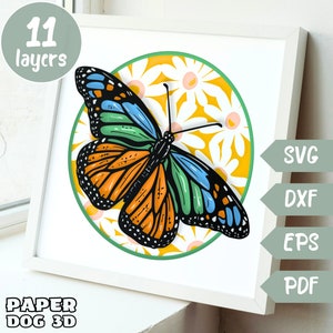 Papillon 3D SVG en couches pour papier cartonné, papier découpé multicouche, modèle Shadow Box, Cricut, silhouette dxf, fichier de coupe PDF, art mural mandala bricolage