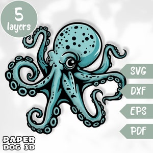 Peut inclure: Une pieuvre de dessin animé bleu turquoise avec des yeux et des points noirs. La pieuvre a huit tentacules avec des ventouses. L'image est intitulée "Paper Dog 3D" et "5 couches".