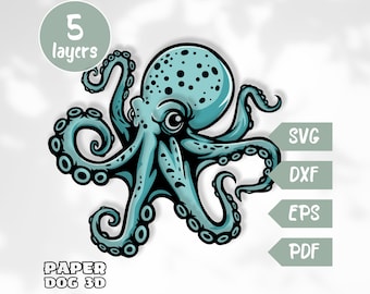 Octopus 3D Layered SVG For Cardstock, Multilayer Papercut, Shadow Box Template, Cricut, Sea Animal Light Box cut file, pdf, wall art diy