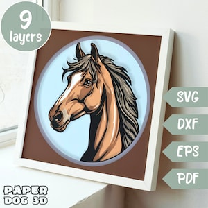 Retrato de caballo en 3D en capas SVG para cartulina, caja de sombras, plantilla de corte de papel multicapa, granja Cricut, silueta, decoración de arte de pared diy