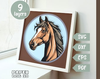 Retrato de caballo en capas 3D SVG para cartulina, caja de sombras, plantilla de corte de papel multicapa, granja Cricut, silueta, arte de pared, decoración de bricolaje