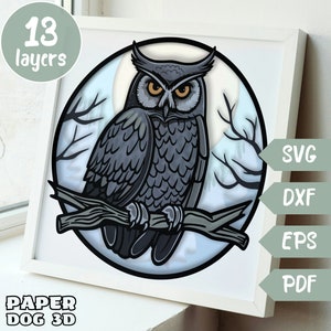 Eule 3D Layered SVG für Karton, Multilayer Papierschnitt, Vogel Mandala Schatten Box Vorlage, Cricut, Silhouette Dxf, Eule Schnittdatei, Wand Kunst DIY