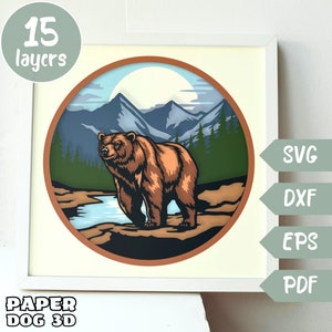 Modèle de boîte d'ombre d'ours, SVG en couches 3D pour le papier cartonné, papercut multicouche, Cricut, silhouette dxf, fichier de coupe d'ours, pdf d'ours, art mural bricolage