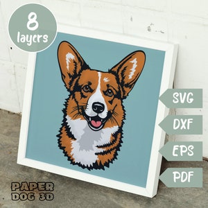 Corgi SVG 3D en couches pour papier cartonné, papier découpé multicouche, fichiers Shadow Box pour Cricut, silhouette dxf, fichier de coupe chien, pdf, gallois pembroke