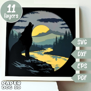 Plantilla de caja de sombras de lobo en las montañas, SVG en capas 3D para cartulina, multicapa, Cricut, silueta dxf Caja de luz de papel cortado con animales para regalo