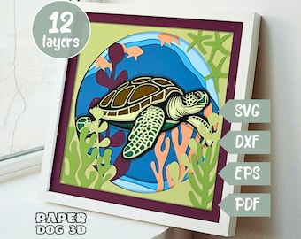 3d Sea Turtle shadow box template, Layered SVG For Cardstock, file for cricut, ocean life paper cut, Beach Light Box DIY, Multilayer Mandala