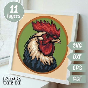 Galo 3D Layered SVG para cartolina, frango multicamadas Papercut, modelo de caixa de sombra, fazenda Cricut, silhueta, pdf, arte de parede, cabine DIY