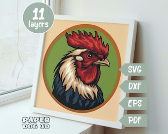 Rooster 3D Layered SVG For Cardstock, Chicken Multilayer Papercut, Shadow Box Template, Farm Cricut, silhouette, pdf, wall art, DIY Cabin