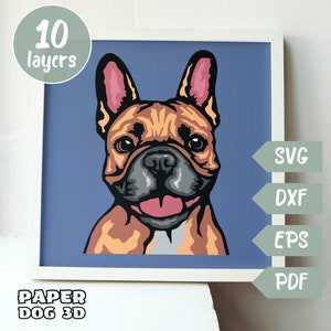 Französische Bulldogge SVG 3D für Cardstock, Multilayer Papierschnitt, Schattenbox-Datei für Cricut Silhouette dxf, Hund Schnittdatei, Haustier Gedenkstätte