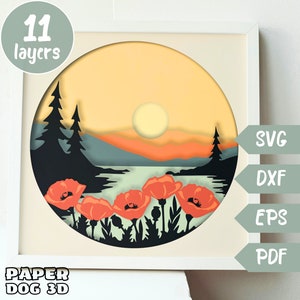 Mohnfeld Schatten Box Vorlage 3D Geschichtet SVG für Karton, Multilayer Papierschnitt, Blumen Cricut, dxf, Landschaft, diy Cabin