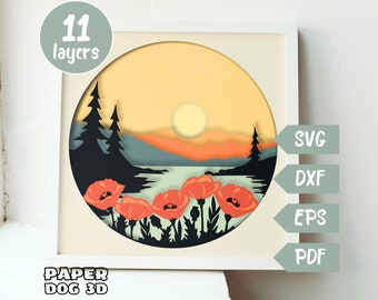 Poppy Field  Shadow Box Template 3D Layered SVG For Cardstock, Multilayer Papercut, Flower Cricut, silhouette dxf, Landscape, diy Cabin