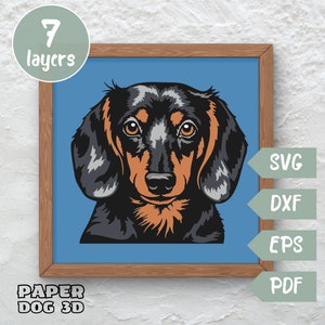 Teckel chien 3D couches SVG pour papier cartonné, papier découpé multicouche, fichiers Shadow Box pour Cricut, silhouette dxf, fichier de coupe chien, mémorial pour animaux de compagnie