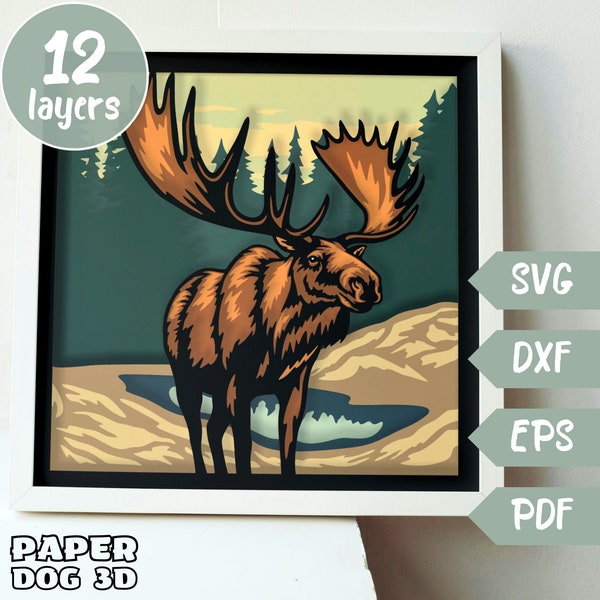 Moose Shadow Box Template, 3D Layered SVG For Cardstock, Multilayer Papercut, Cricut, silhouette dxf, moose cut file, elk pdf, wall art diy