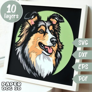 Shetland Sheepdog SVG 3D gelaagd voor karton, meerlaagse papercut sjabloon, Shadow Box-bestand voor Cricut, Sheltiehond gesneden bestand, huisdier gedenkteken
