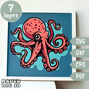 Polvo 3D Layered SVG para cartolina, corte de papel multicamadas, modelo de caixa de sombra, Cricut, silhueta dxf, arquivo de corte de animal marinho, caixa de luz diy