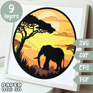 Modello di scatola luminosa con ombra di elefante, SVG a strati 3D per cartoncino, multistrato, Cricut, silhouette dxf, scatola luminosa con ritaglio di carta di animali del safari africano