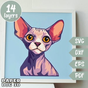 Sphynx chat 3D SVG en couches pour papier cartonné, papier découpé multicouche, fichiers Shadow Box pour Cricut, silhouette dxf, fichier de coupe chat, mémorial pour animaux de compagnie, laser
