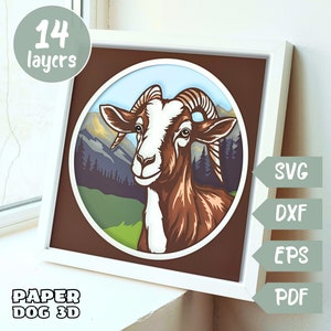 Ziege 3D Berge Geschichted SVG für Karton, Multilayer Papierschnitt, Schatten Box Vorlage, Bauernhof Cricut, Silhouette, pdf, Wand Kunst, DIY Kabine