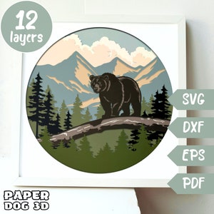 Ours 3D en couches SVG pour papier cartonné, papier découpé multicouche, modèle de boîte d'ombre de cerf, Cricut, silhouette dxf, fichier de coupe de forêt, pdf, art mural bricolage