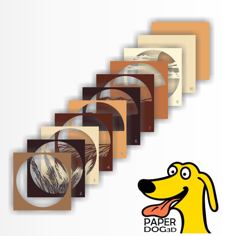 May include: A set of ten layered paper cut-out designs featuring different landscapes. The designs are arranged in a cascading pattern, with the largest design at the bottom and the smallest at the top. The designs are all in shades of brown, beige, and white. The image also includes a cartoon yellow dog with the text "PAPER DOG3D".