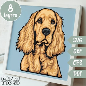 Cocker épagneul SVG 3D en couches pour papier cartonné, papier découpé multicouche, fichier Shadow Box pour Cricut silhouette dxf, fichier coupe visage de chien, mémorial pour animaux de compagnie