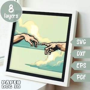 May include: A papercraft model of the famous "Creation of Adam" painting by Michelangelo. The model is made up of 8 layers and features two hands reaching towards each other, with a light blue background and white clouds.